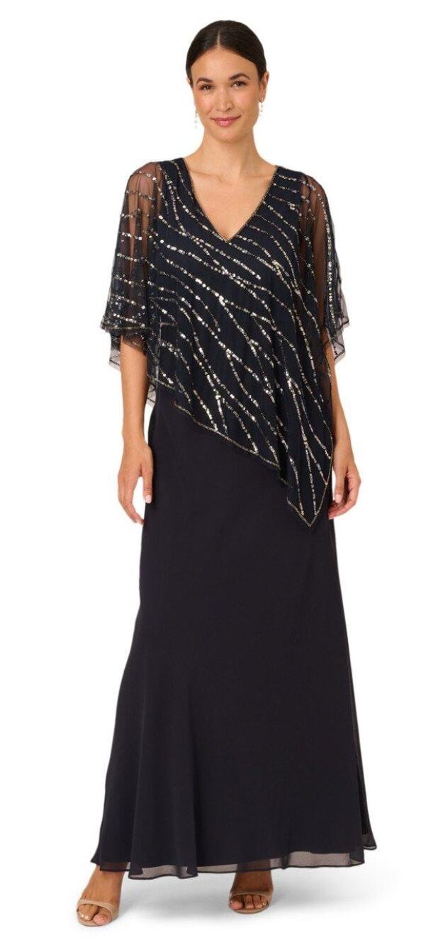ADRIANNA PAPELL Women's Beaded Popover Midi Dress Size 8 Midnight Blue NWT